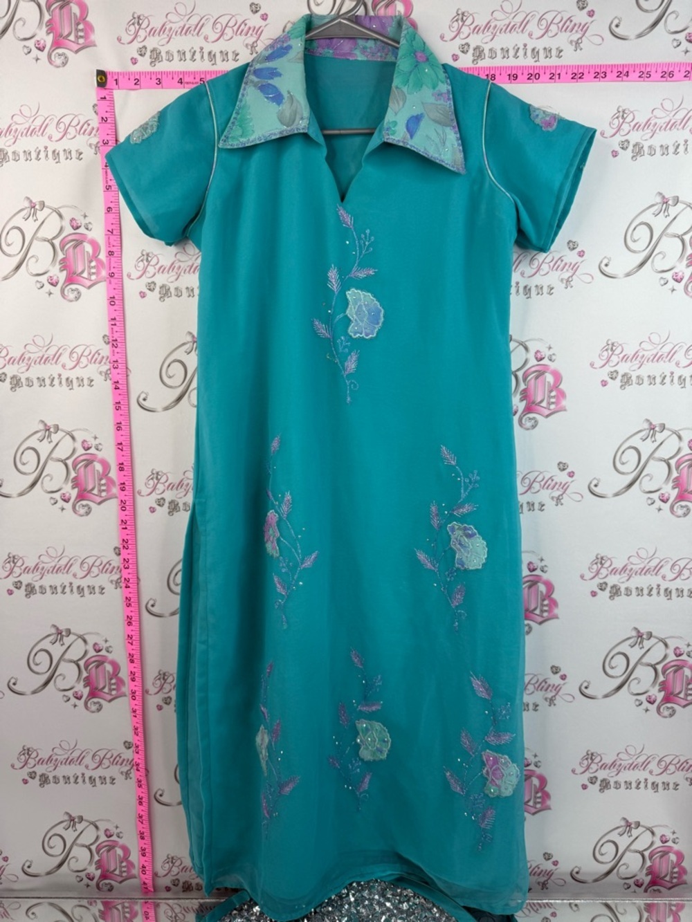 Dress collared flowers vintage Turquoise Floral Embroidered Short-Sleeve Dress